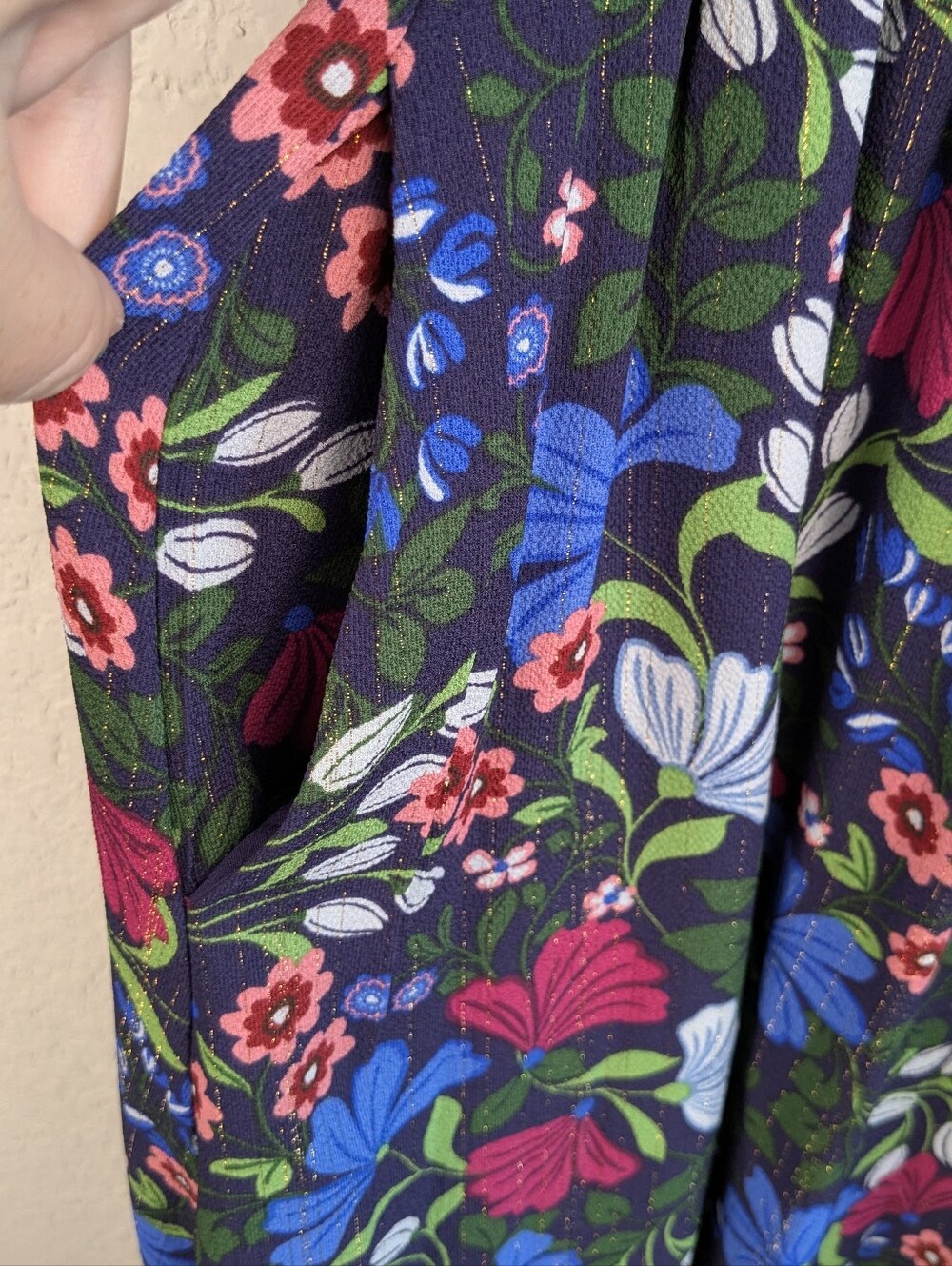 Draper James XS Midi Dress Navy Pink Floral Metallic Lined Like New Garden Chic - Picture 5 of 9